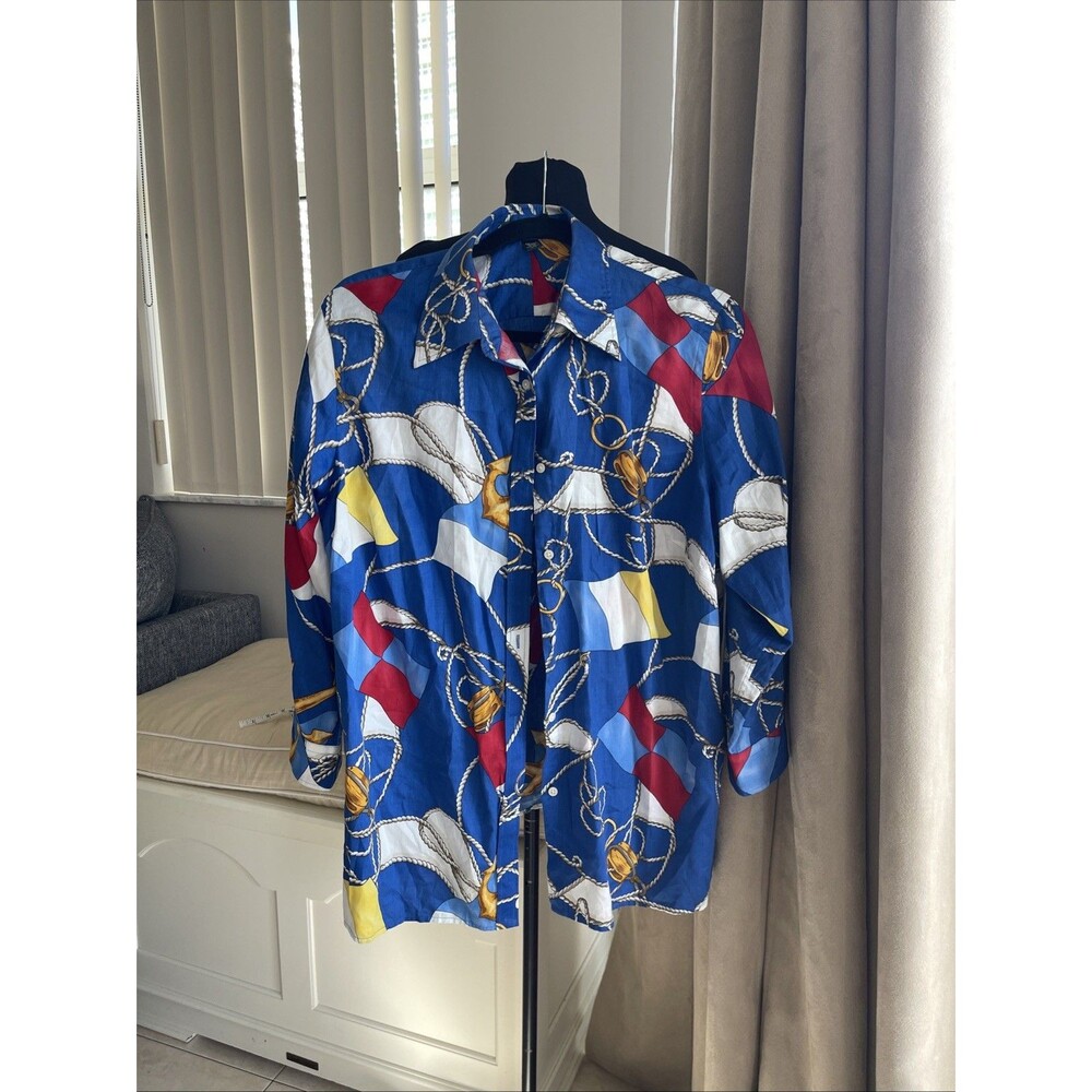 LAUREN RALPH LAUREN Women Top Blouse Nautical Theme Flags Anchor Button 1X - Picture 2 of 7